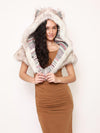 Female Wearing Timber Wolf Collector Faux Fur Shawl 