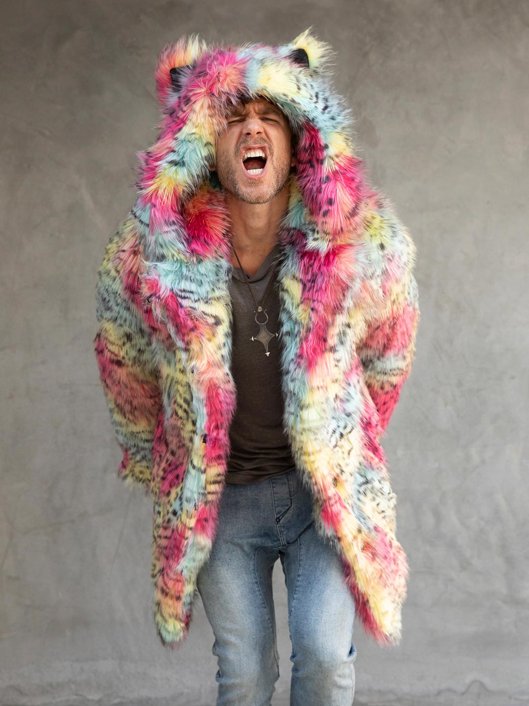 Man wearing faux fur Oaxaca Jaguar Classic Faux Fur Coat, front view 2