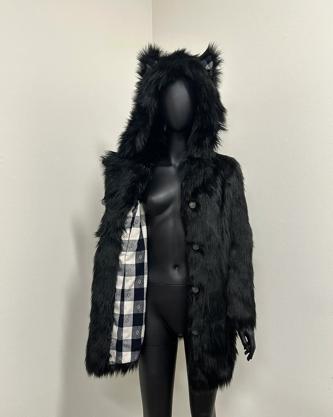 *Almost Purfect* Classic Faux Fur Coat | Black Wolf Plaid - X-Small