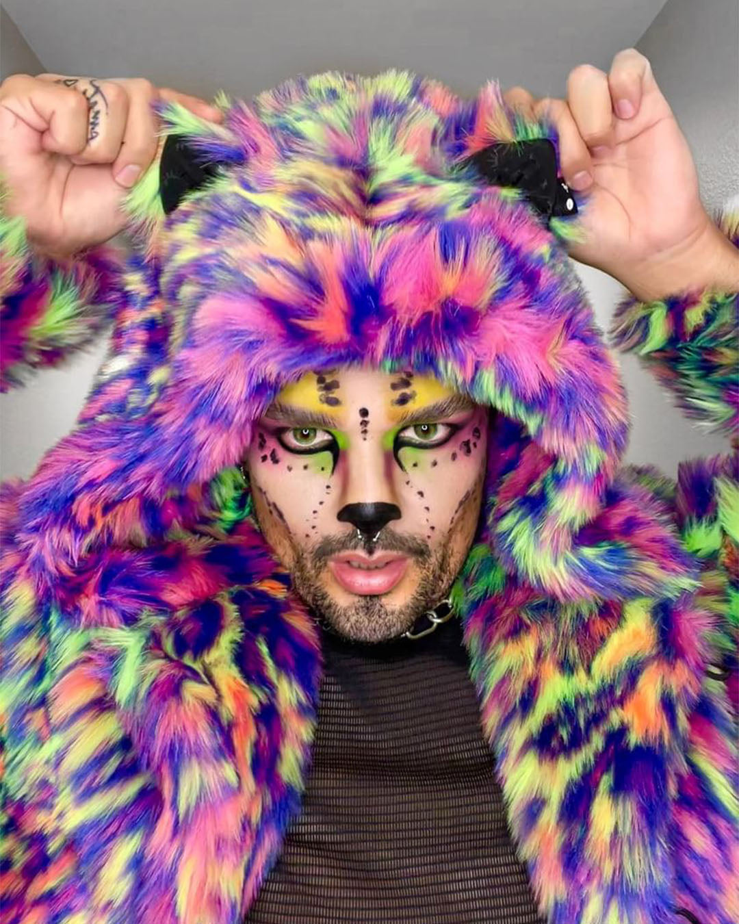 Men's Faux Fur Coat with Hood Neon Disco Cat SpiritHoods