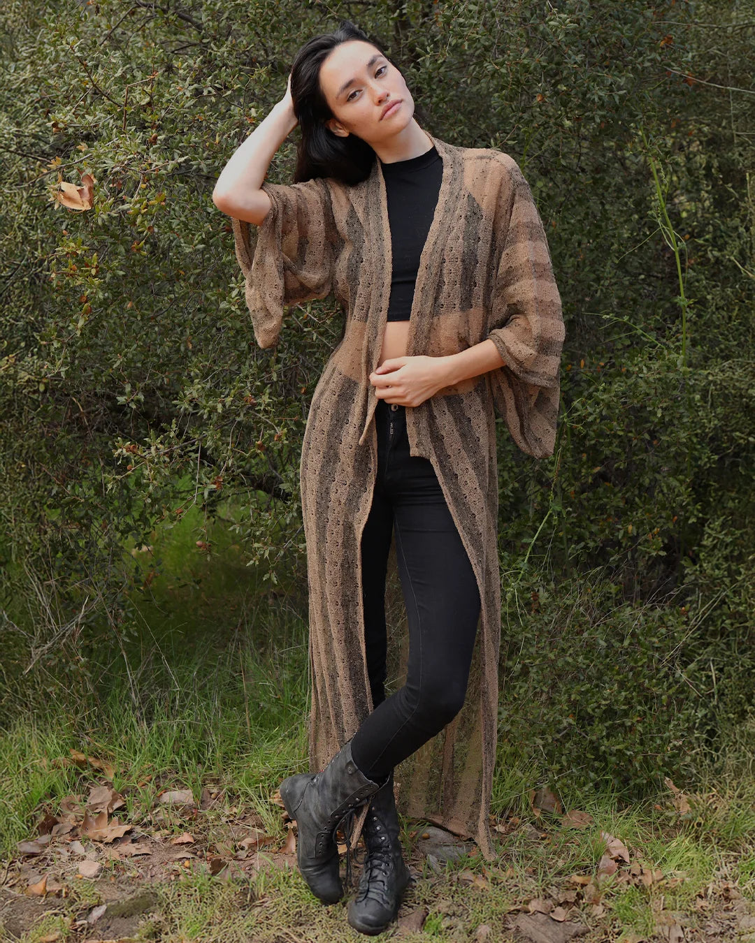 Unisex Kimono | Brown Striped Sheer