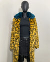 Mannequin wearing a yellow cheetah print coat with a blue cheetah print fake fur collar against a white background. SpiritHoods Online Sample Sale Style: Calf Length Faux Fur Coat in Yellow Cheetah size: MEDIUM