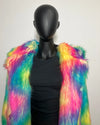 Mannequin wearing a colorful fur vest against a plain background