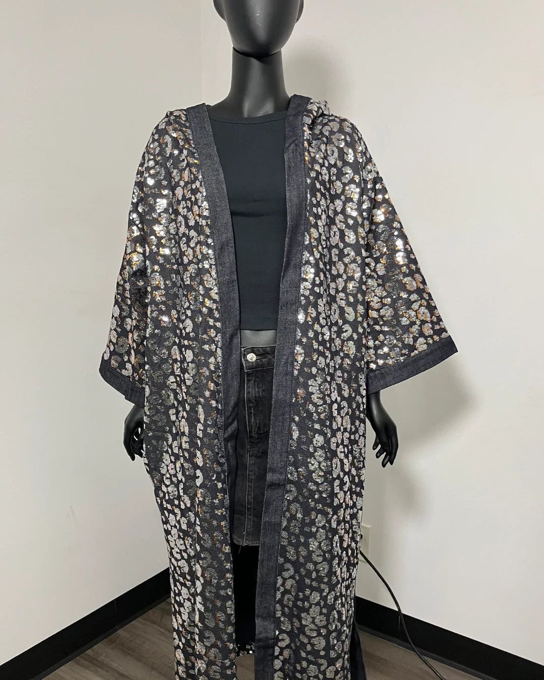*Almost Purfect* Silver Sequin Kimono | Blue Denim Leopard - S-M