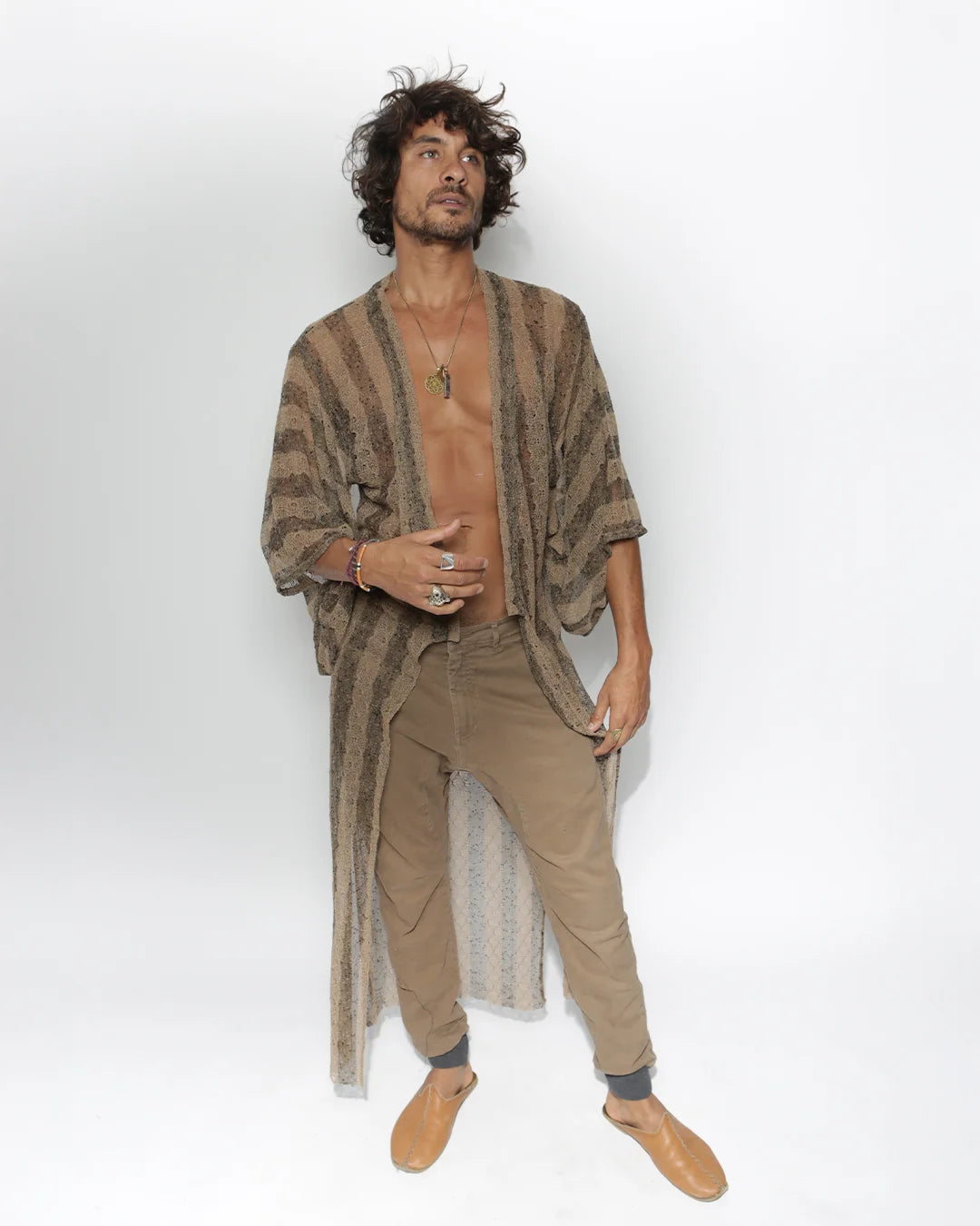 Unisex Kimono | Brown Striped Sheer