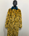 Yellow cheetah print fake fur long calf length coat on a mannequin against a white background. SpiritHoods Online Sample Sale Style: Calf Length Faux Fur Coat in Yellow Cheetah size: MEDIUM