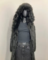 mannequin wearing the black wolf hooded coat in a relaxed fit, without the buttons, in size X-SMALL. SpiritHoods Online Sample Sale Style: Hooded Faux Fur Coat in Black Wolf size X-SMALL.