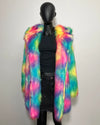 Mannequin wearing a colorful fur vest against a plain background