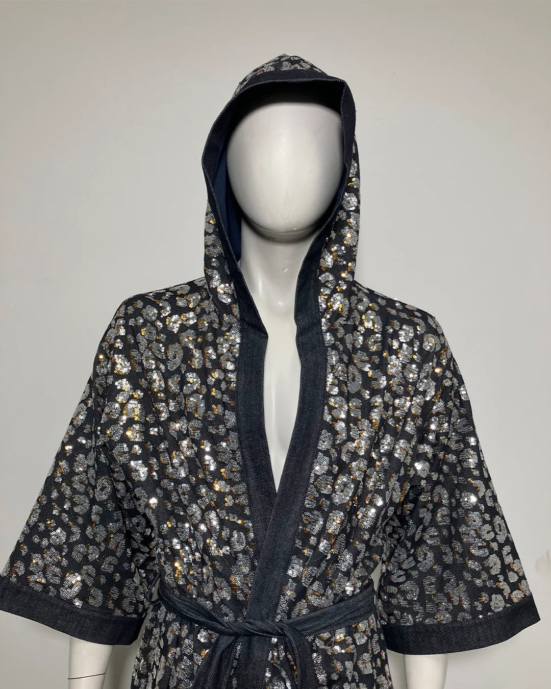 *Sample* Silver Sequin Kimono | Blue Denim Leopard