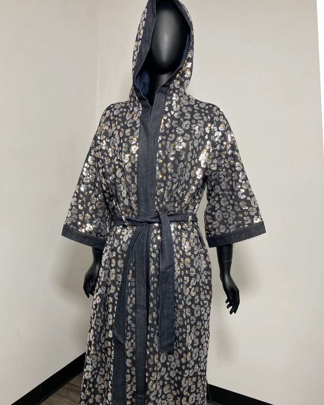 *Sample* Silver Sequin Kimono | Blue Denim Leopard