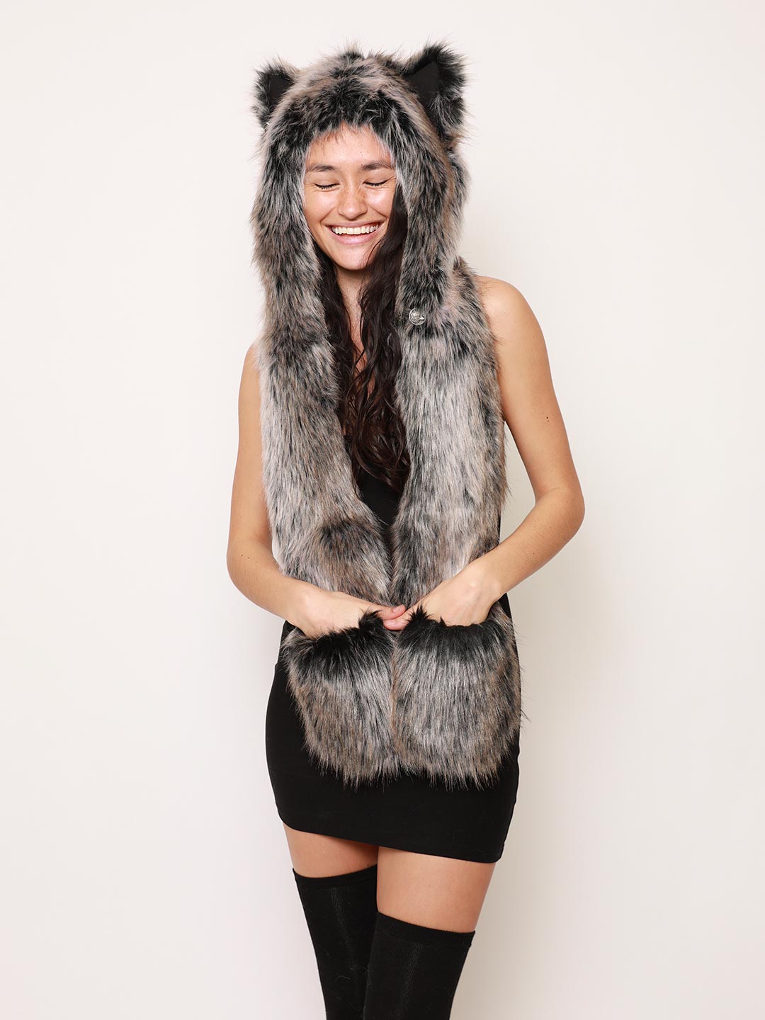 Grey Wolf Faux Fur Women s Hood Scarf SpiritHoods