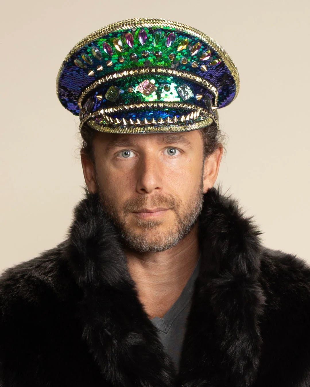 Men's Festival Hat - Captain Hat | Sequin Blue Green Hummingbird