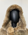 golden, with warm browns and beige in an animal print on faux fur close up of the Hood on a mannequin. | SpiritHoods Online Sample Sale HOODED Faux Fur Coat in Golden African Cat in Size XXS