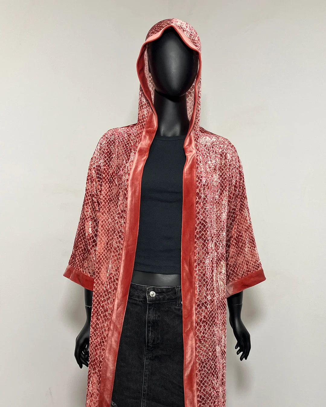*Sample* Hooded Burnout Velvet Kimono | Rose Crocodile S-M