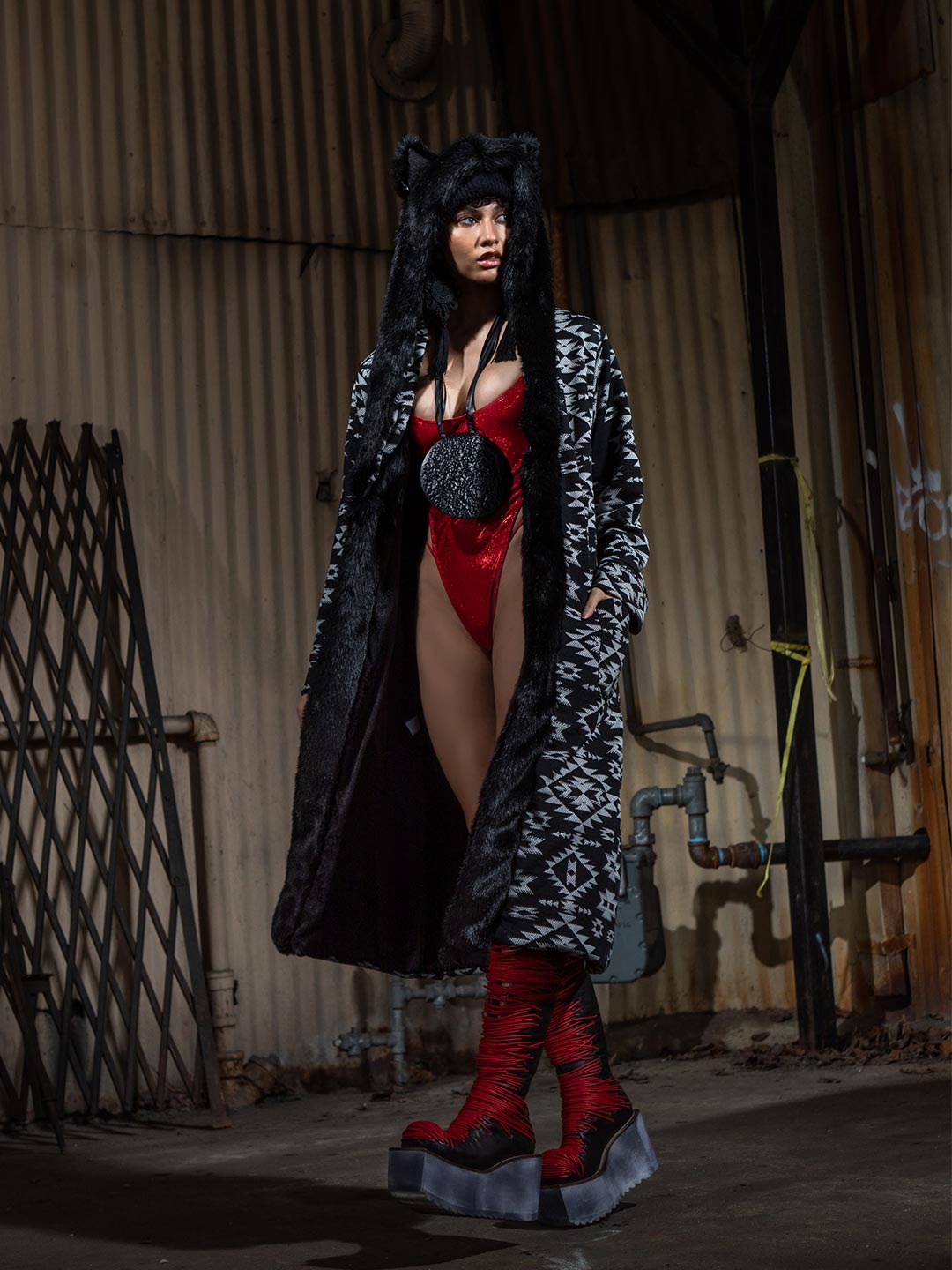 Woman wearing Santa Fe Wolf Classic Faux Fur Style Robe, side view 1