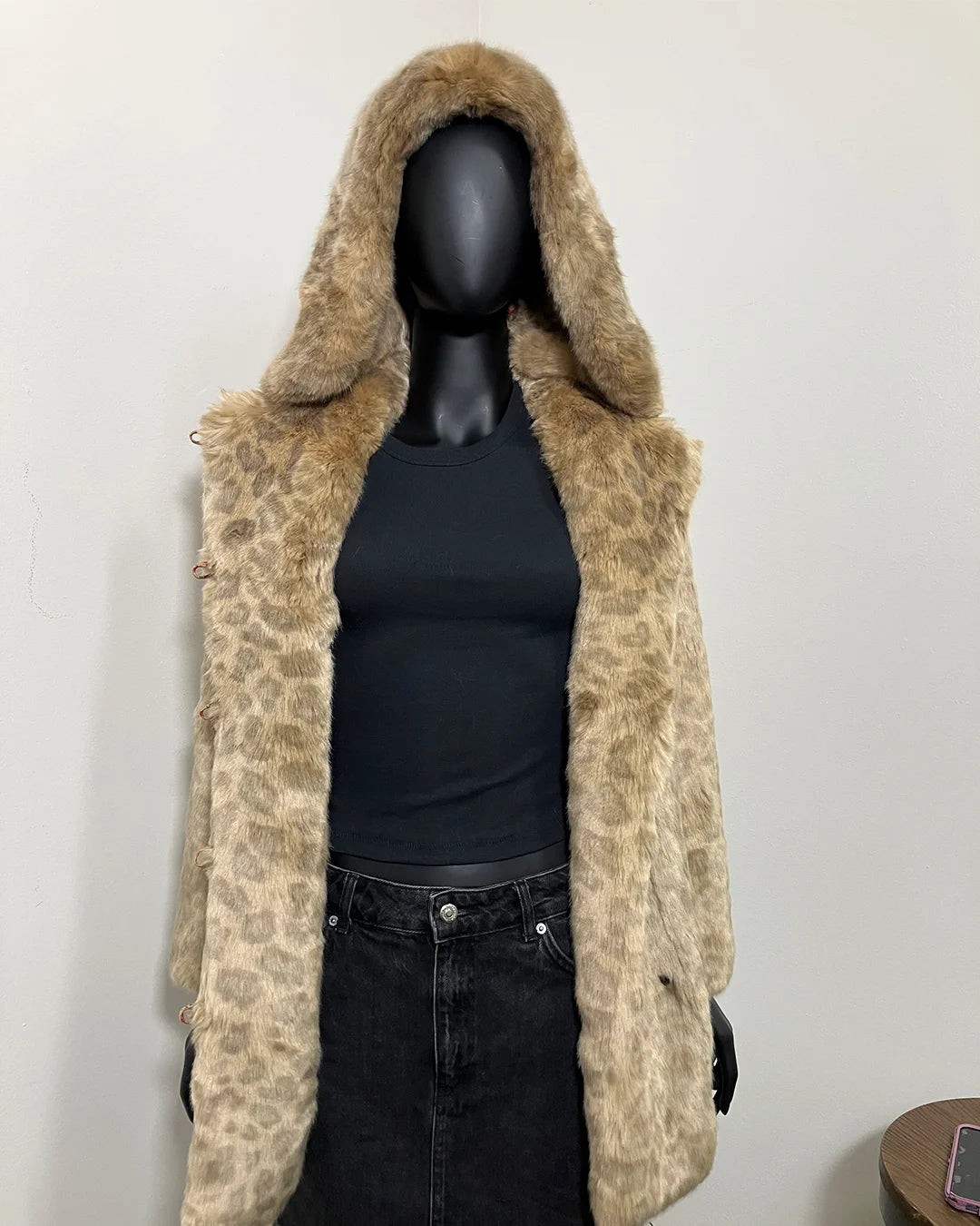 Mannequin wearing a golden animal print faux fur coat with a hood on a plain background | SpiritHoods Online Sample Sale HOODED Faux Fur Coat in Golden African Cat in Size XXS