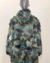 Faux Fur coat with green and black pattern on a mannequin against a white background