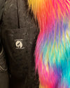 Close-up of a black textured jacket with a colorful fur trim.