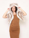 Timber Wolf Collector Faux Fur Shawl with Hood on Female