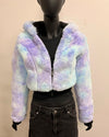 Pastel tie-dye hoodie on a mannequin against a beige background
