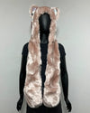 A plush faux-fur hooded vest or cape with cat-ear tufts, shown on a black mannequin against a plain light gray background.