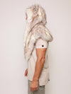 Side View of Timber Wolf Collector Faux Fur Shawl With Hood and Ears