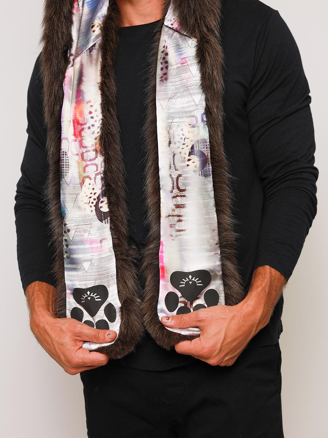 Man wearing Cyber Wolf Collector Edition Faux Fur Hood, front view 1