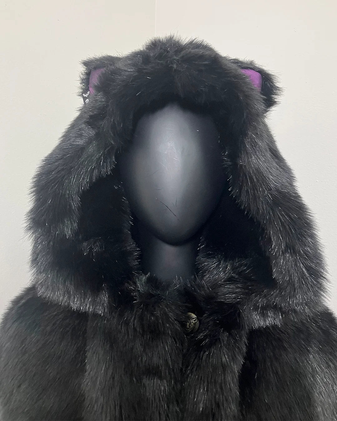 Close up of the Black Panther Hood and Ears on the mannequin. SpiritHoods XXS  Black Panther Coat with Galaxy Lining part of SpiritHoods Online Sample Sale