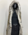 Mannequin wearing a textured feather inspired faux fur vest with hood against a plain background. SpiritHoods Online Sample Sale Style: Hooded Faux Fur Vest in Alaskan Hawk - Size Medium.