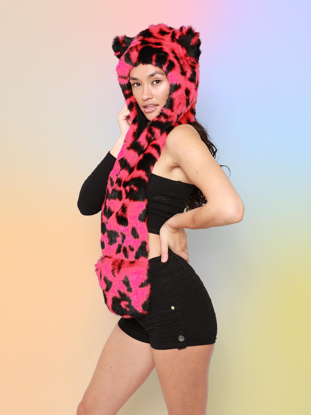Woman Wearing Pink Panther Faux Fur Hood