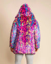 A Man Wearing SpiritHoods Made to Order Neon Blue & Pink Faux Fur Coat in Colorfu Leopard Print facing away from the camera, with the hood up showing a range of neon colors and leopard spotted print. SpiritHoods Fall Winter Custom Faux Fur Coat and Jacket Collection