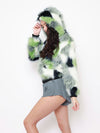 Hooded Faux Fur Bomber Jacket with Emerald Hummingbird Design