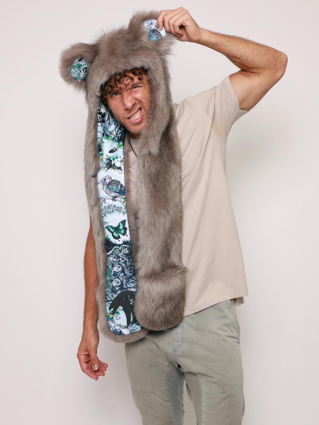 Man wearing faux fur James Patrick Koala Artist Edition SpiritHood, side view 