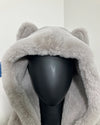 close-up photo of the silver fox robe hood + ears