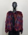 multicolor faux fur bomber jacket on a mannequin against white background