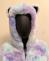 Multicolored fleece hoodie with cat ears on a beige background