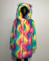 Multicolored fur coat on a mannequin against a plain background