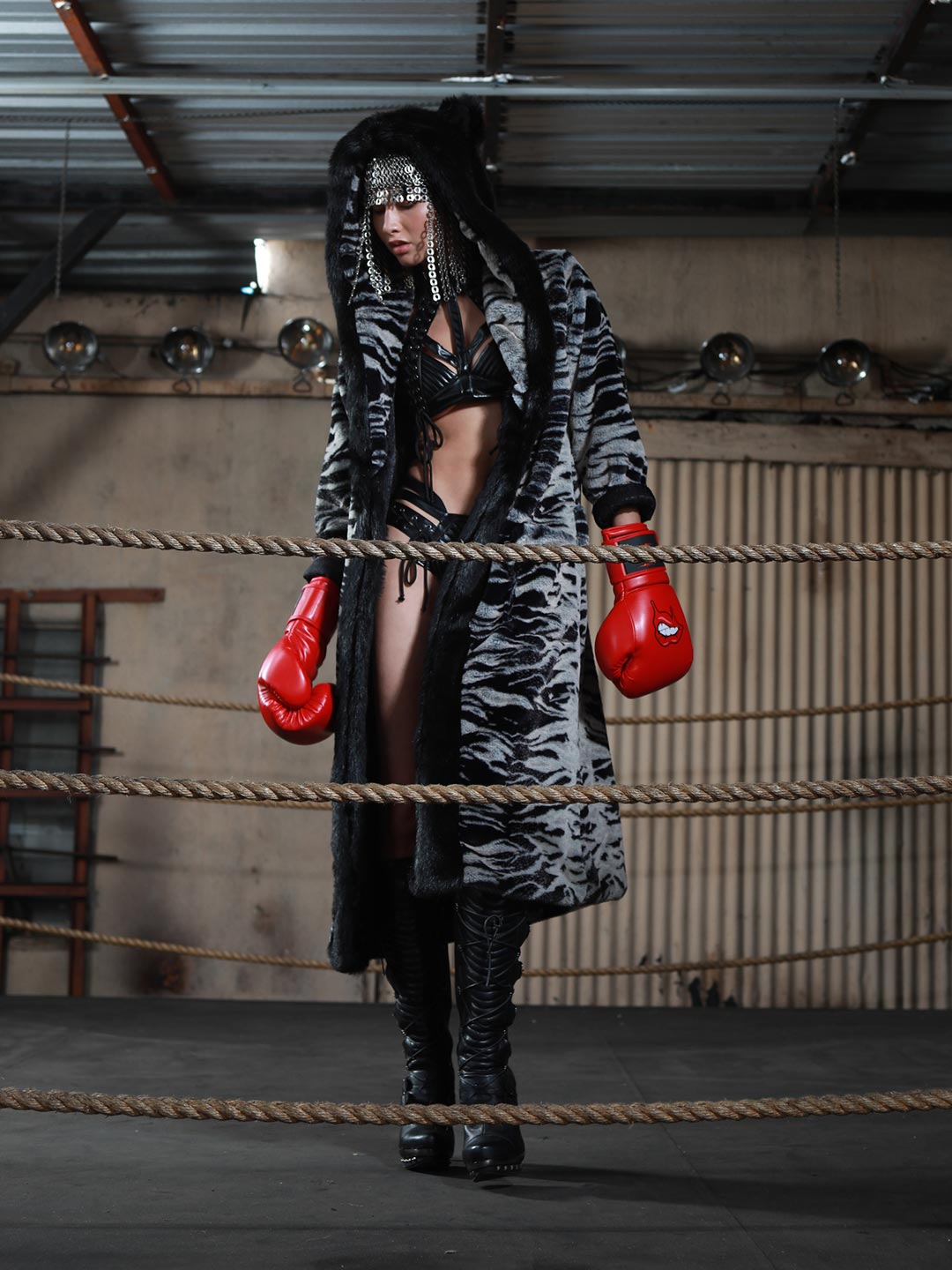 Black and Grey Tiger Classic Faux Fur Style Robe on Female