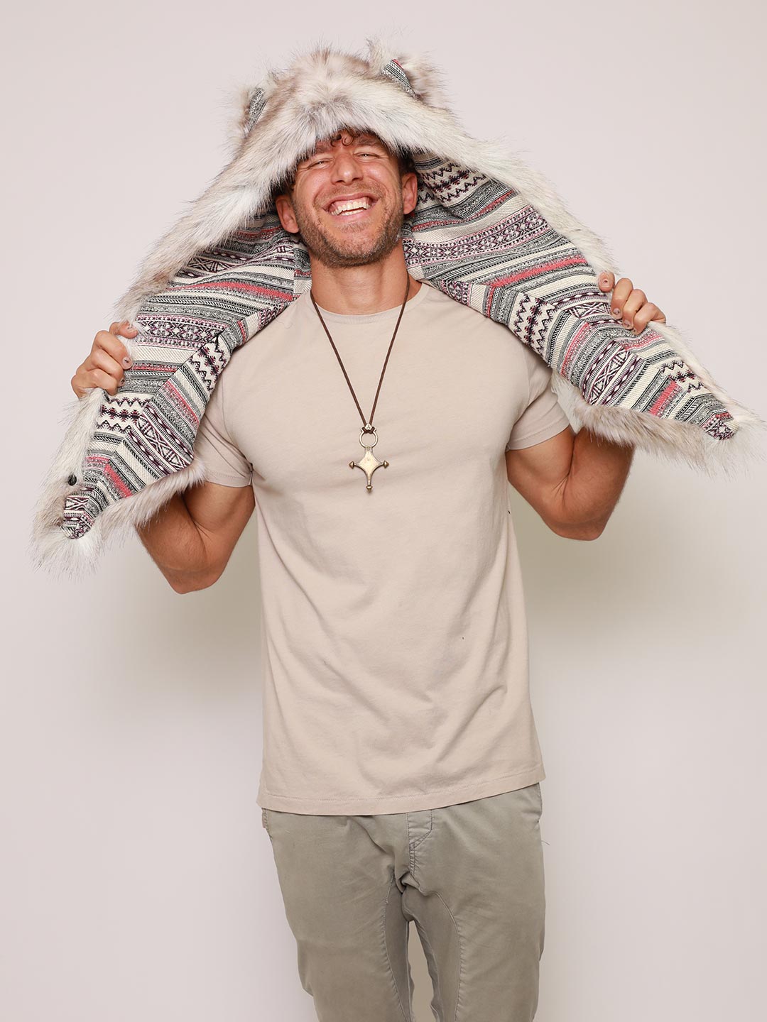 Timber Wolf Collector Faux Fur Shawl with Liner Being Shown by Male Modely