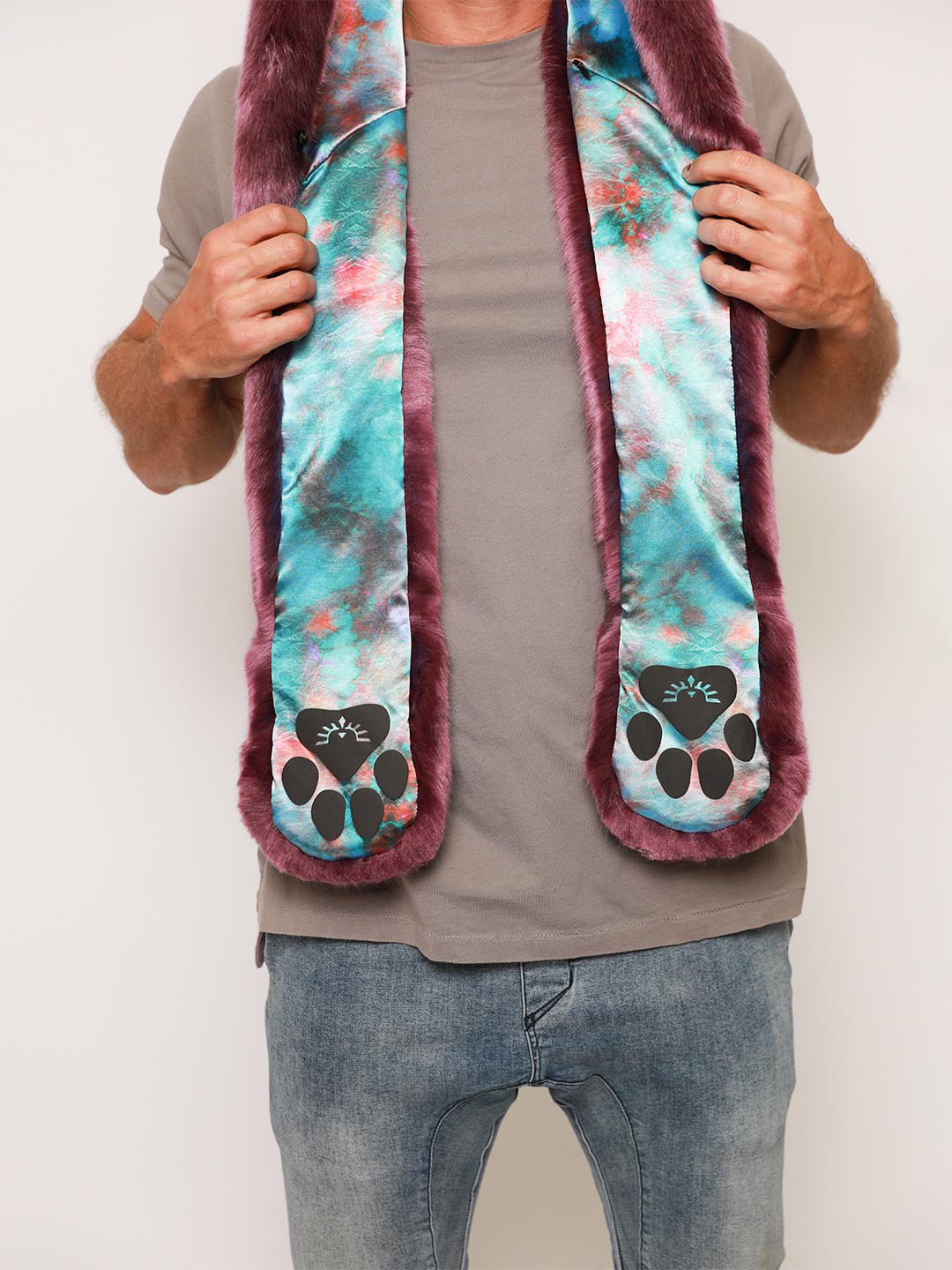 Man wearing faux fur Lavender Wolf Collector Edition SpiritHood