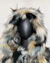 Faux fur coat with a hood on a mannequin against a plain background