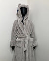 black mannequin wearing a silver grey fox bathrobe with plush double sided fabric and plush fake fur trim