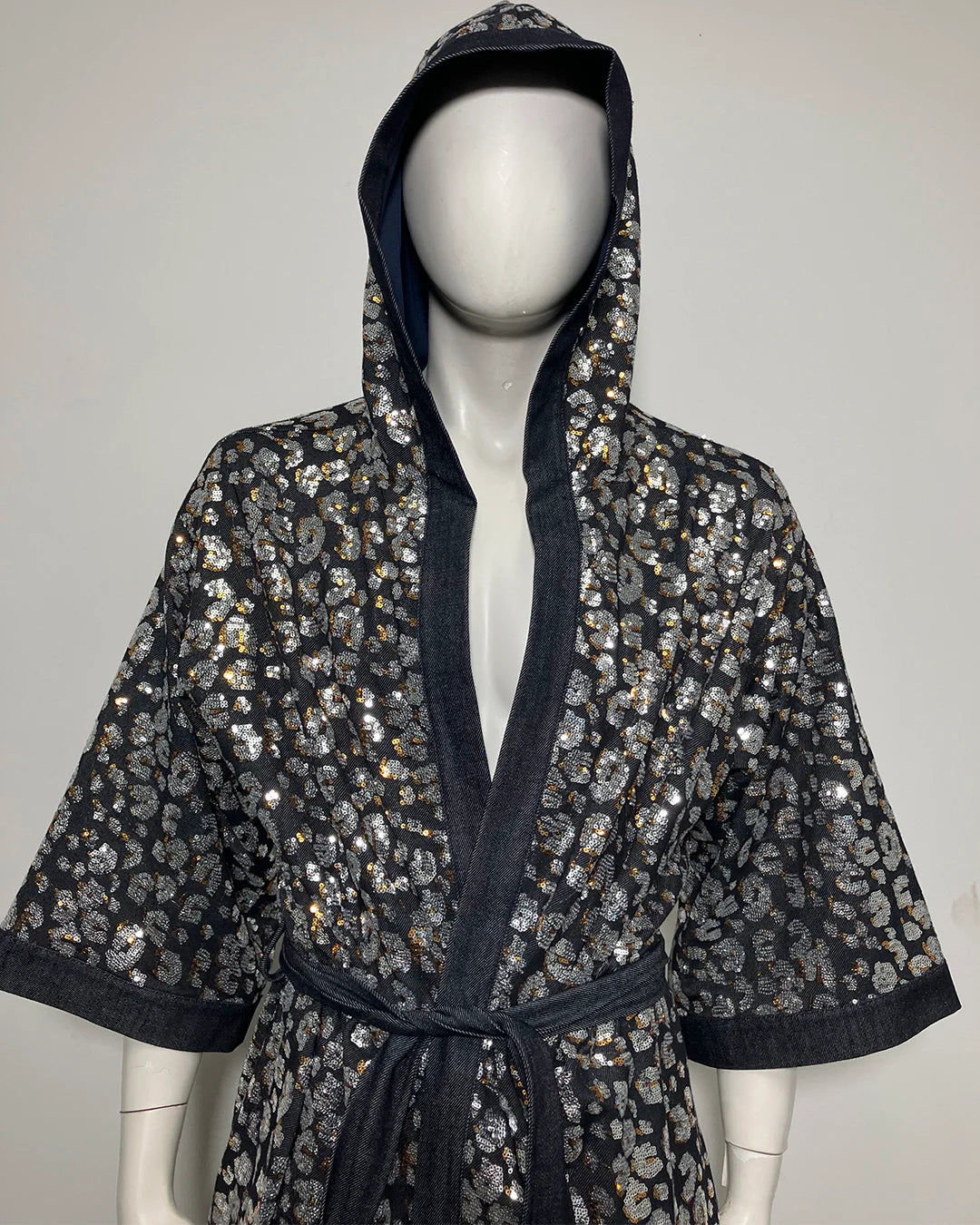 *Almost Purfect* Silver Sequin Kimono | Blue Denim Leopard - L-XL