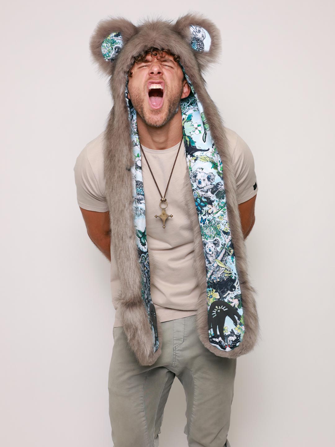 Man wearing faux fur James Patrick Koala Artist Edition SpiritHood, front view 2