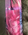 Close-up of a pink and purple galaxy fabric pocket on a garment. SpiritHoods XXS  Black Panther Coat with Galaxy Lining part of SpiritHoods Online Sample Sale