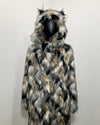Multicolored Faux Fur coat with a hood and k-9 ears on a white background