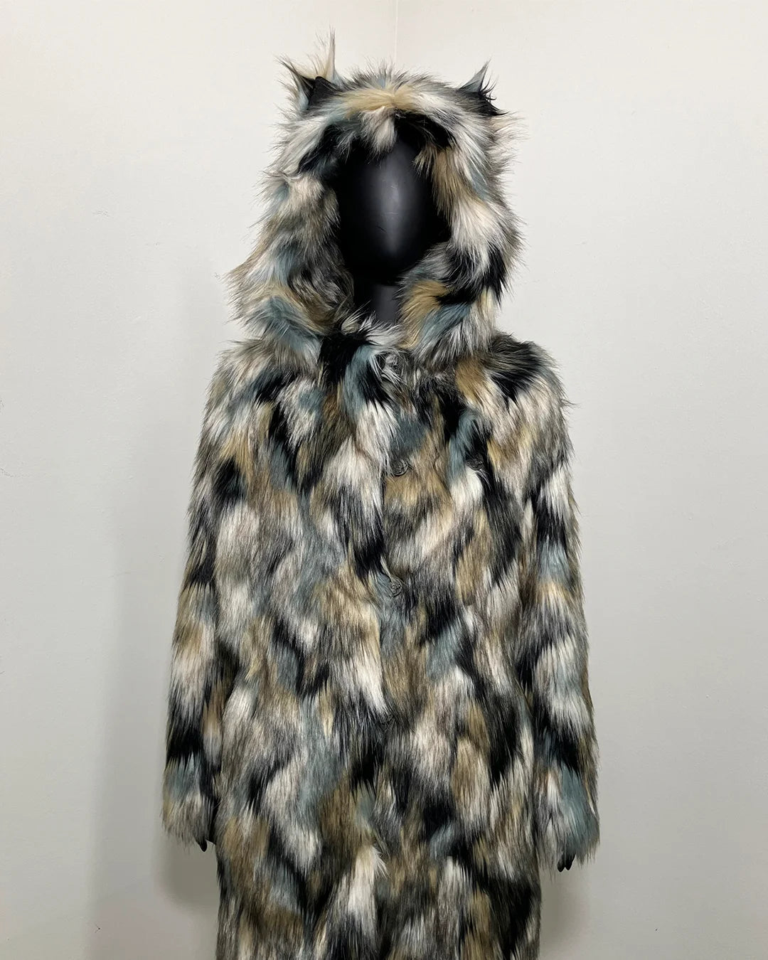 Multicolored Faux Fur coat with a hood and k-9 ears on a white background