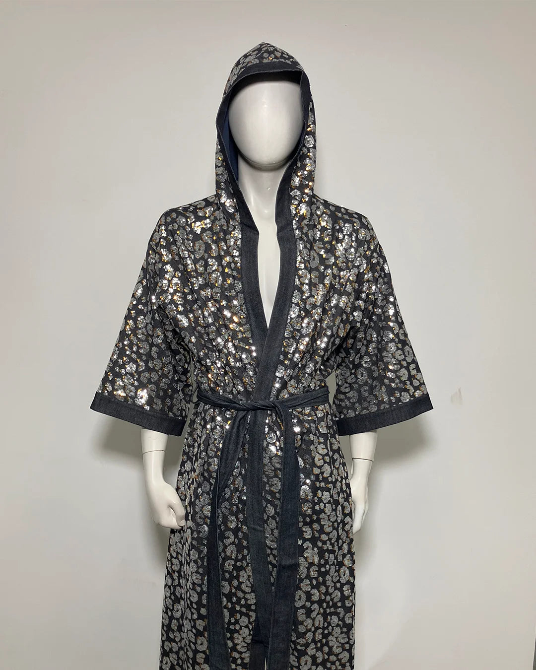 *Almost Purfect* Silver Sequin Kimono | Blue Denim Leopard - L-XL