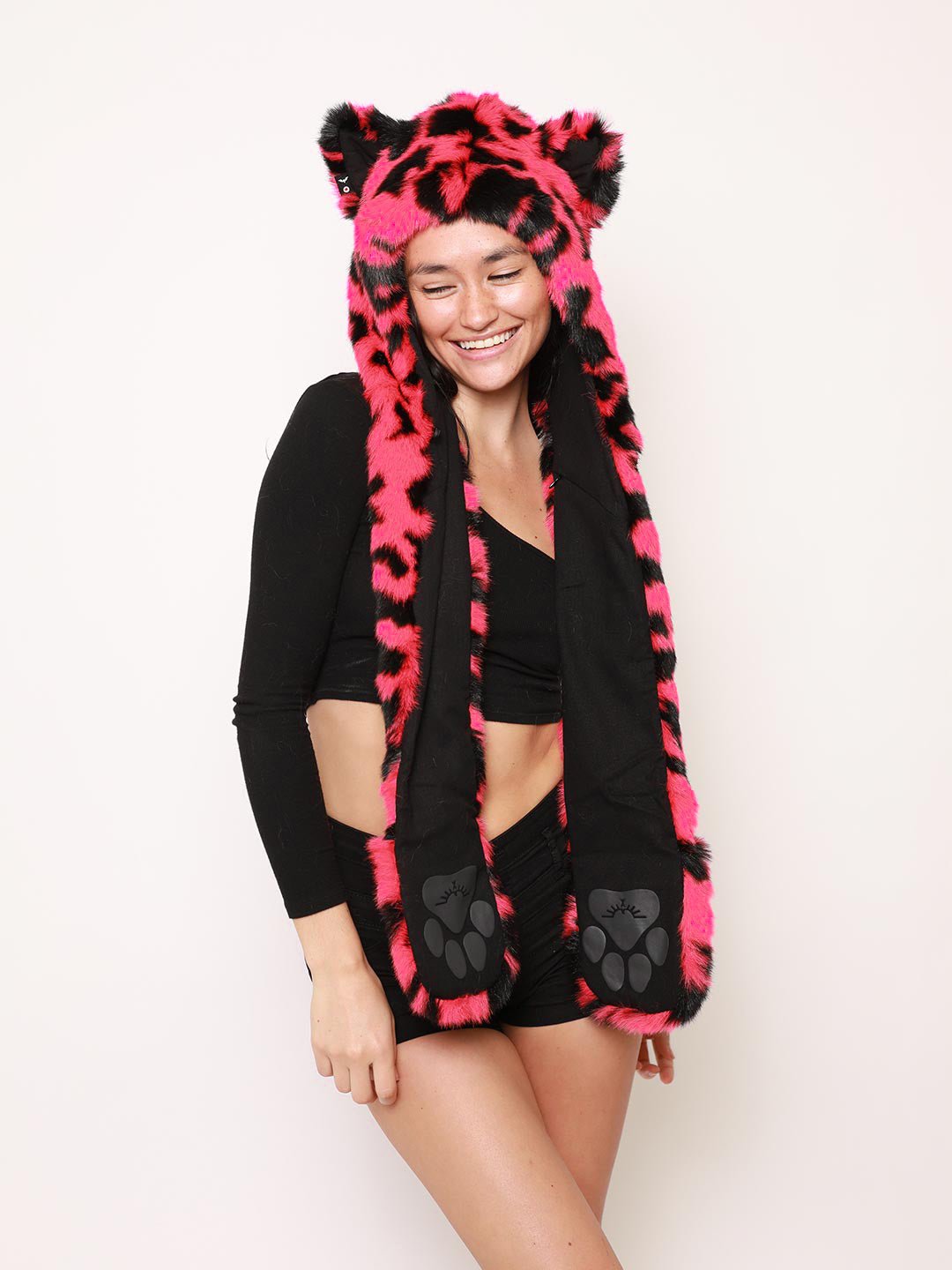 Exterior and Liner View of Signature Paw Logos on Pink Panther Collector Edition Faux Fur Hood 