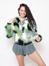 Emerald Hummingbird Faux Fur Bomber Jacket with Hood
